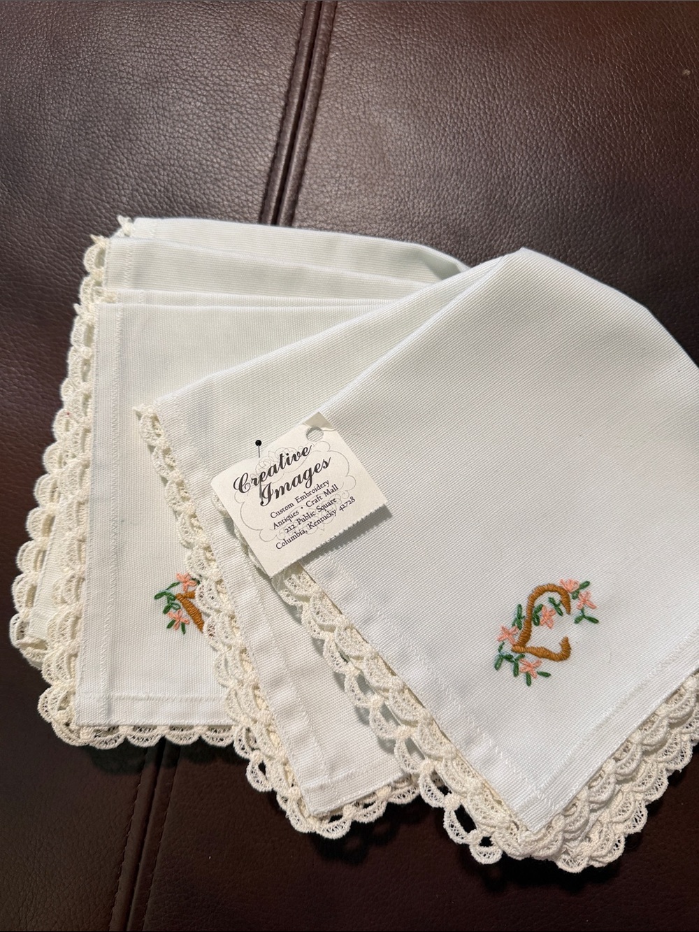 Vintage Embroidered White Linen Cocktail Napkins with Crochet Edge